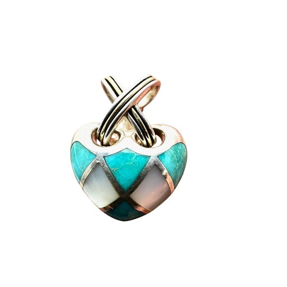 Eric Grossbardt 18K Gold Sterling Silver Pearl Turquoise Heart Pendant - Picture 3 of 4